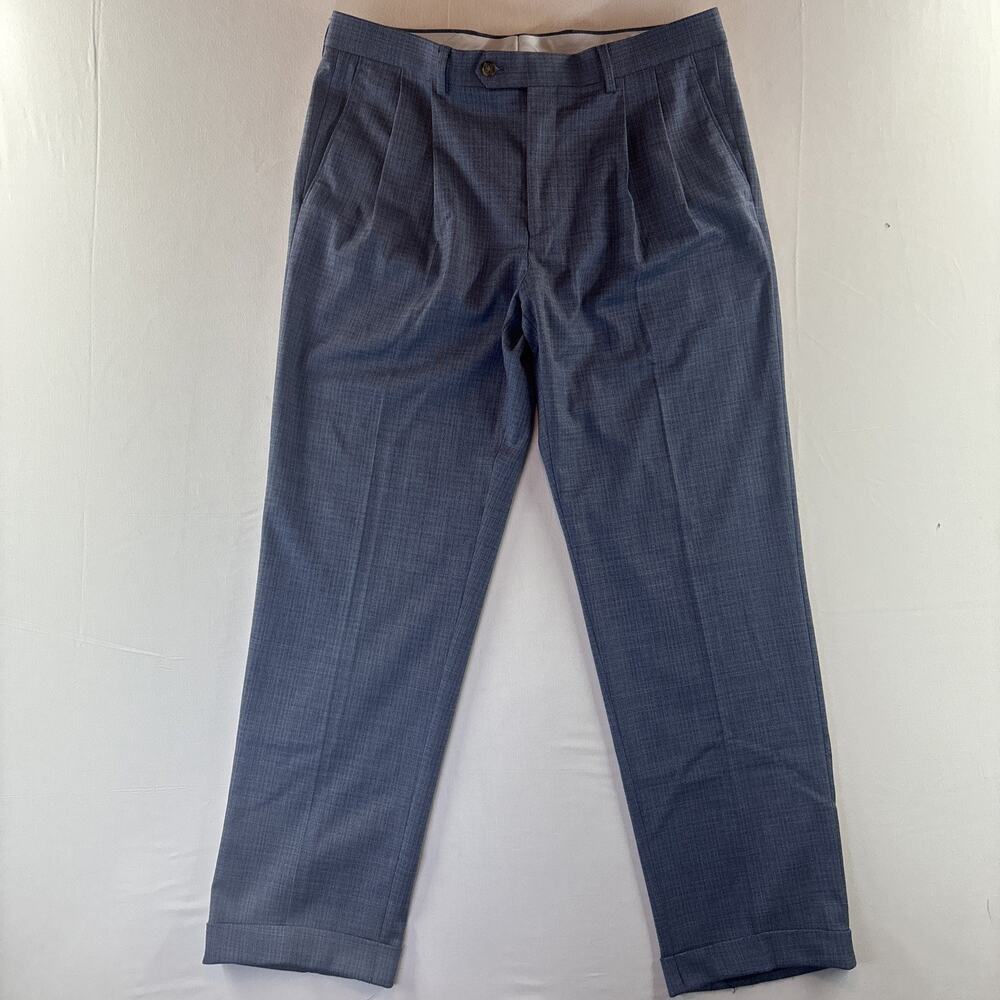 Ralph Lauren Dress Pants Men's 33x32 Blue Plaid Pleated Front Poly Viscose Blend